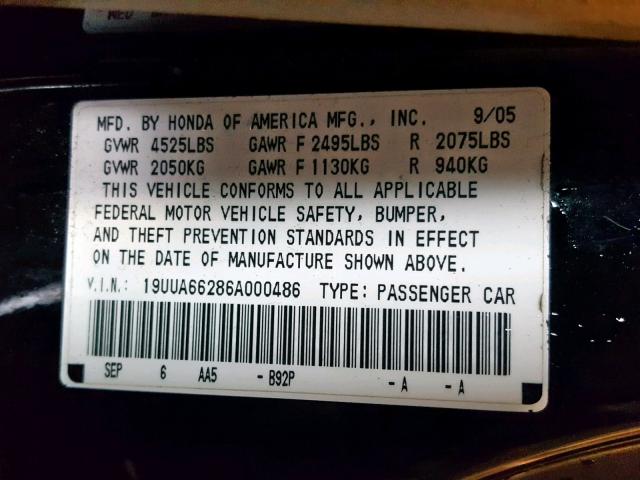 19UUA66286A000486 - 2006 ACURA 3.2TL BLACK photo 10