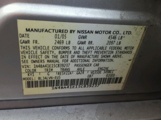 1N4BA41E15C839237 - 2005 NISSAN MAXIMA SE SILVER photo 10