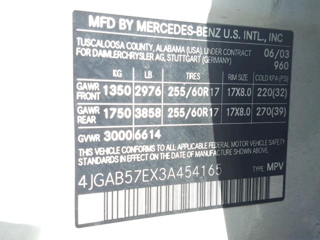 4JGAB57EX3A454165 - 2003 MERCEDES-BENZ ML 350 WHITE photo 10