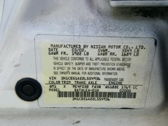 3N1CB51A22L554936 - 2002 NISSAN SENTRA GXE WHITE photo 10