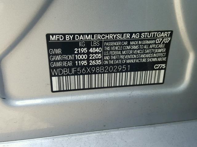 WDBUF56X98B202951 - 2008 MERCEDES-BENZ E 350 SILVER photo 10