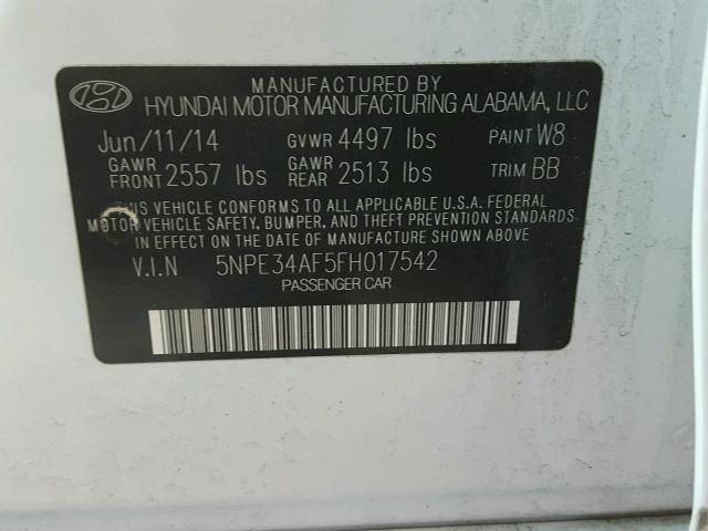 5NPE34AF5FH017542 - 2015 HYUNDAI SONATA SPO WHITE photo 10