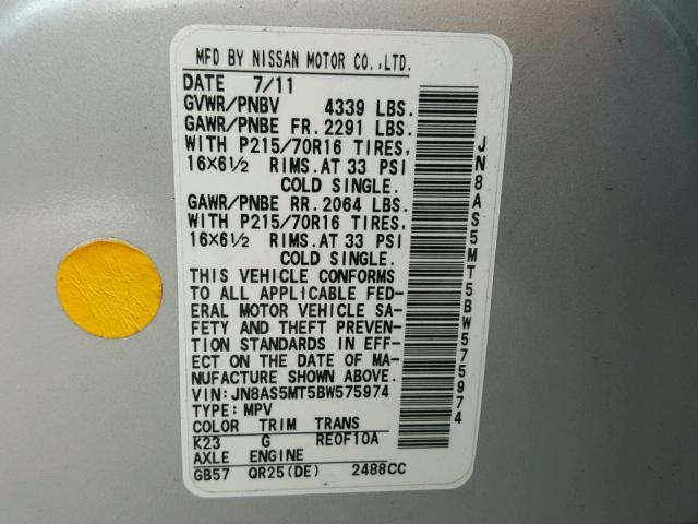 JN8AS5MT5BW575974 - 2011 NISSAN ROGUE S SILVER photo 10