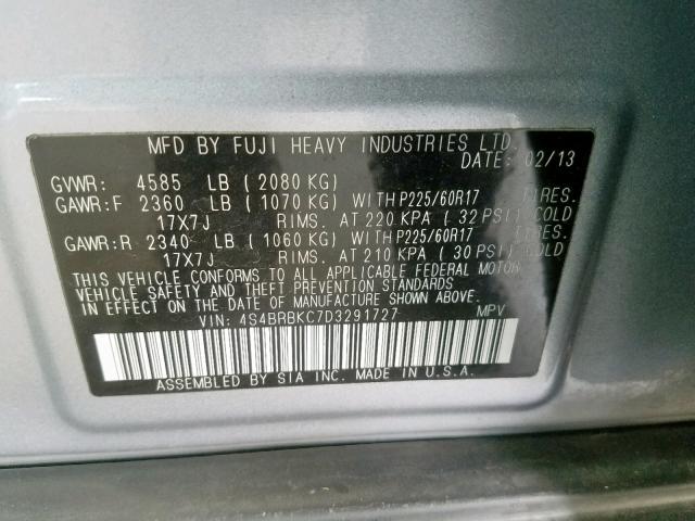 4S4BRBKC7D3291727 - 2013 SUBARU OUTBACK 2. SILVER photo 10