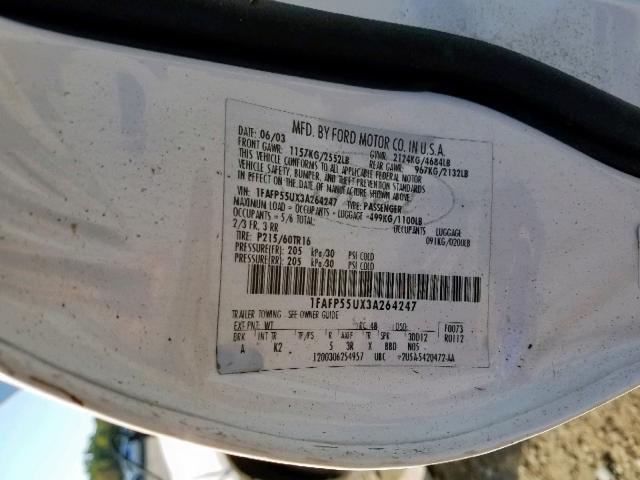 1FAFP55UX3A264247 - 2003 FORD TAURUS SES WHITE photo 10