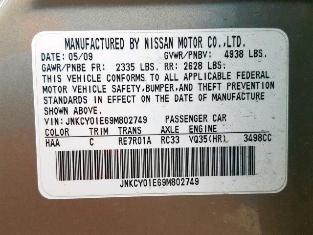 JNKCY01E69M802749 - 2009 INFINITI M35 BASE BEIGE photo 10