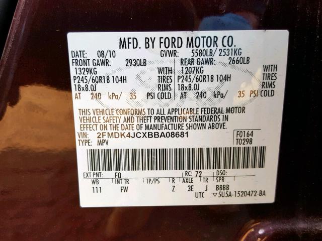 2FMDK4JCXBBA08681 - 2011 FORD EDGE SEL PURPLE photo 10