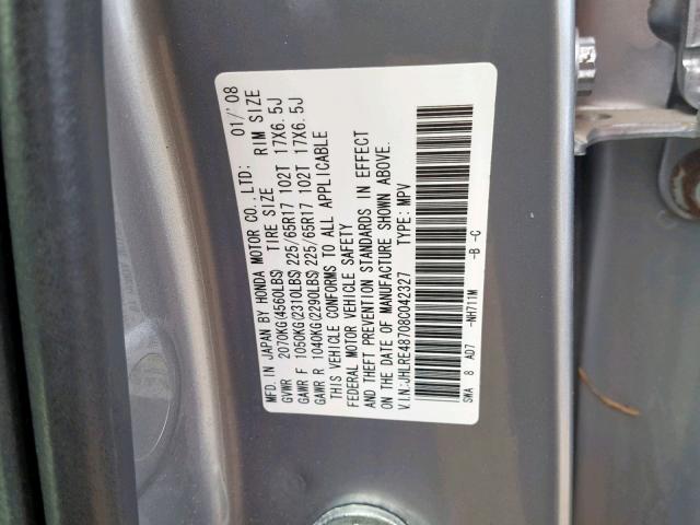 JHLRE48708C042327 - 2008 HONDA CR-V EXL SILVER photo 10