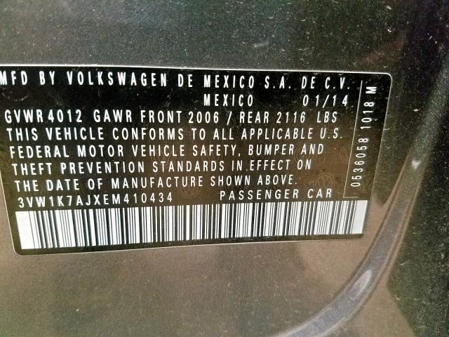3VW1K7AJXEM410434 - 2014 VOLKSWAGEN JETTA BASE 灰色 照片 10