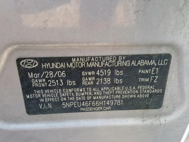 5NPEU46F66H149781 - 2006 HYUNDAI SONATA GLS SILVER photo 10