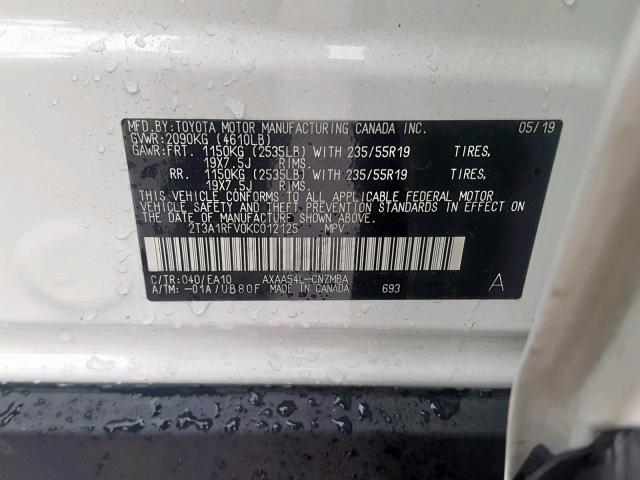 2T3A1RFV0KC012125 - 2019 TOYOTA RAV4 XLE P WHITE photo 10