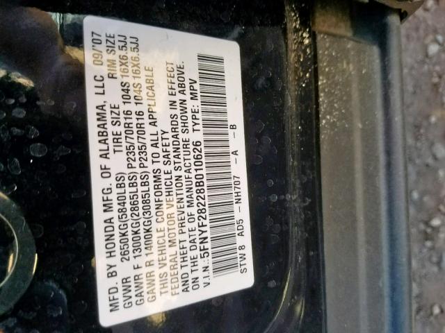 5FNYF28228B010626 - 2008 HONDA PILOT VP BLACK photo 10