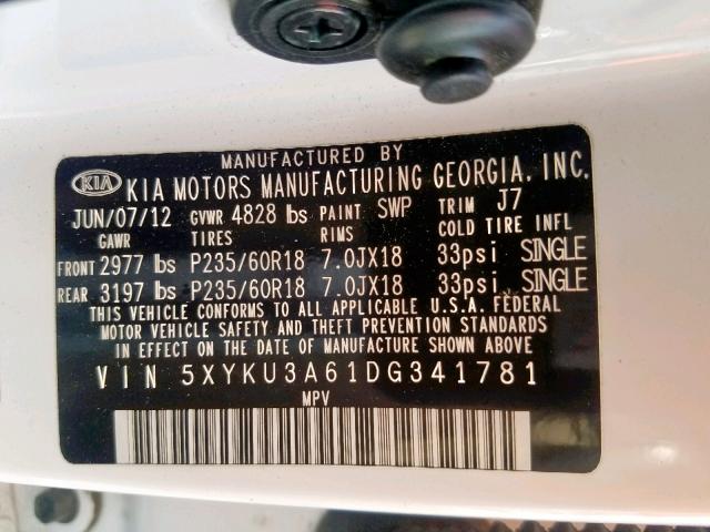 5XYKU3A61DG341781 - 2013 KIA SORENTO EX WHITE photo 10