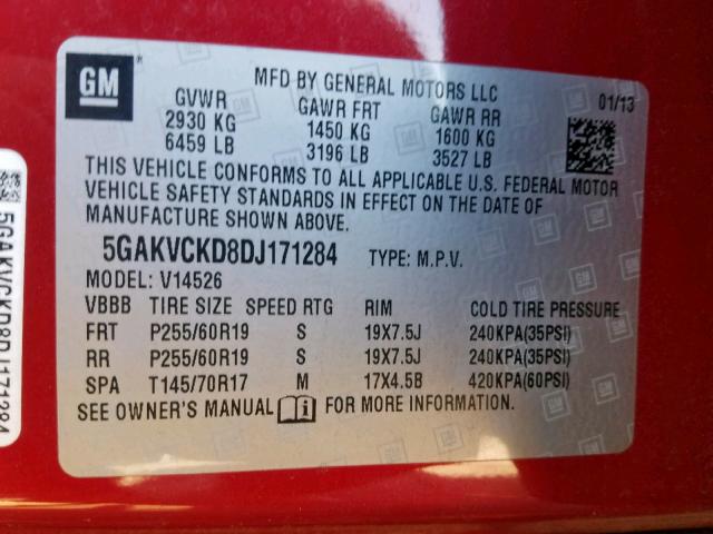 5GAKVCKD8DJ171284 - 2013 BUICK ENCLAVE RED photo 10