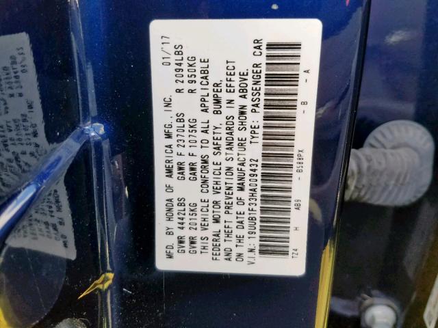 19UUB1F33HA009432 - 2017 ACURA TLX BLUE photo 10