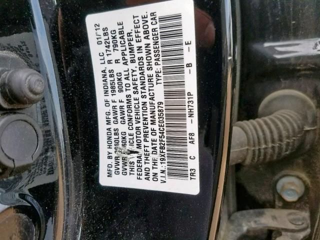 19XFB2F54CE035879 - 2012 HONDA CIVIC LX BLACK photo 10