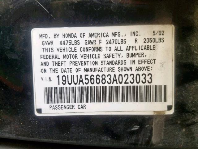 19UUA56683A023033 - 2003 ACURA 3.2TL BLACK photo 10