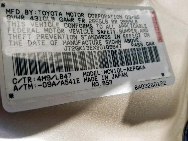 JT2GK13EXS0109647 - 1995 TOYOTA CAMRY XLE GOLD photo 10