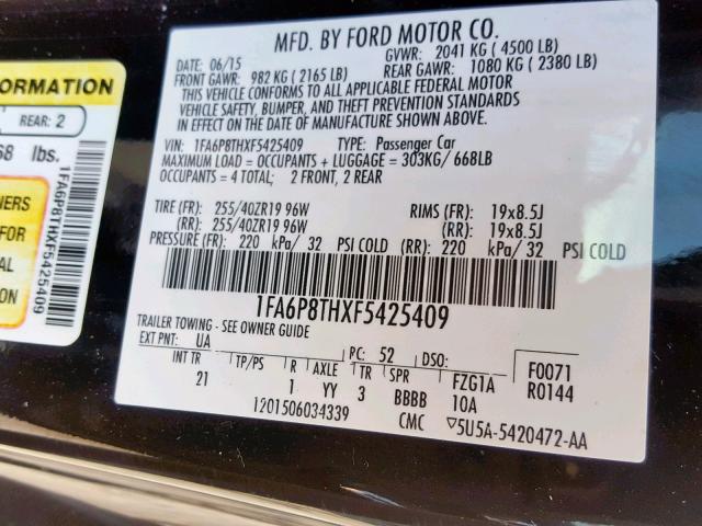 1FA6P8THXF5425409 - 2015 FORD MUSTANG BLACK photo 10