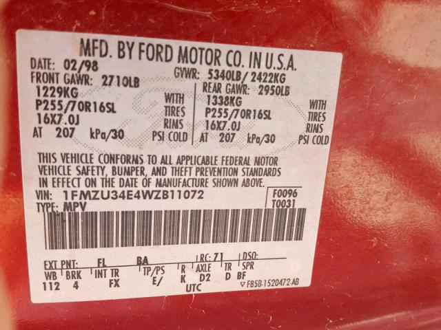 1FMZU34E4WZB11072 - 1998 FORD EXPLORER RED photo 10