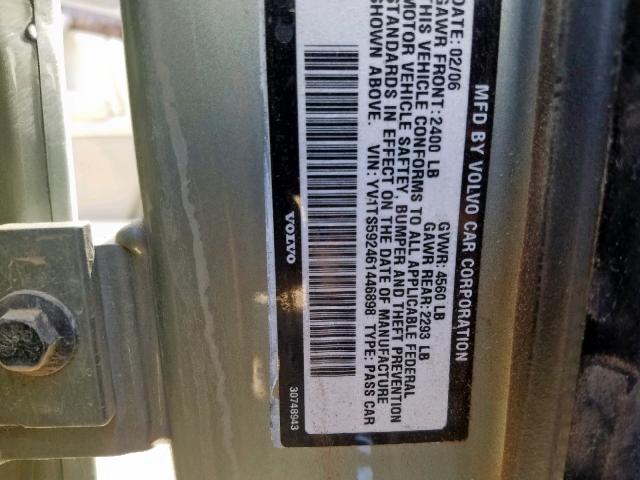 YV1TS592461446898 - 2006 VOLVO S80 2.5T GRAY photo 10