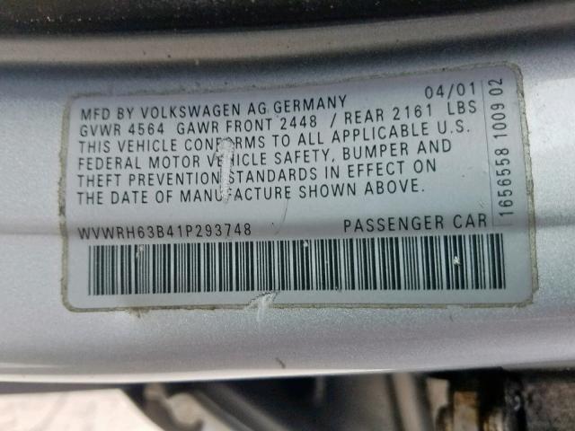 WVWRH63B41P293748 - 2001 VOLKSWAGEN PASSAT GLX SILVER photo 10