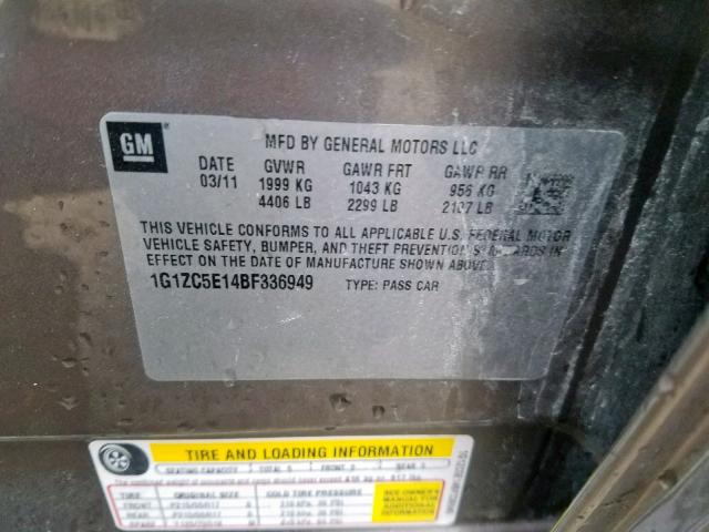 1G1ZC5E14BF336949 - 2011 CHEVROLET MALIBU 1LT CHARCOAL photo 10