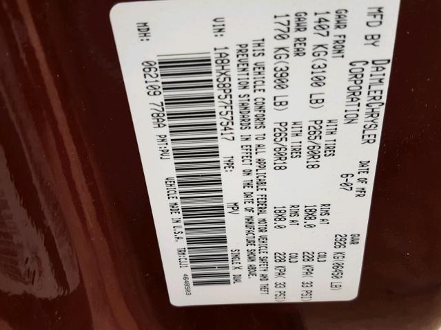 1A8HX58P57F575417 - 2007 CHRYSLER ASPEN LIMI RED photo 10