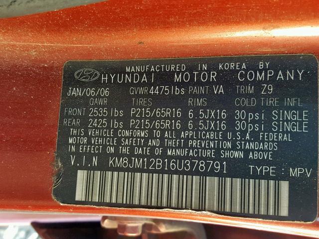 KM8JM12B16U378791 - 2006 HYUNDAI TUCSON GL RED photo 10