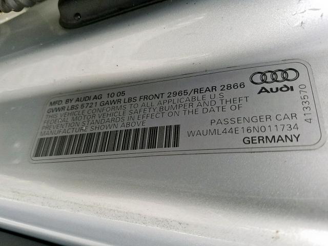 WAUML44E16N011734 - 2006 AUDI A8 L QUATT SILVER photo 10