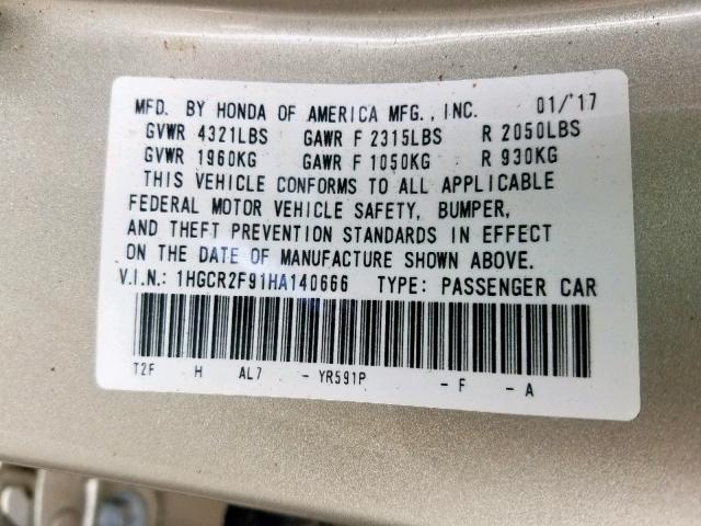 1HGCR2F91HA140666 - 2017 HONDA ACCORD EXL GOLD photo 10