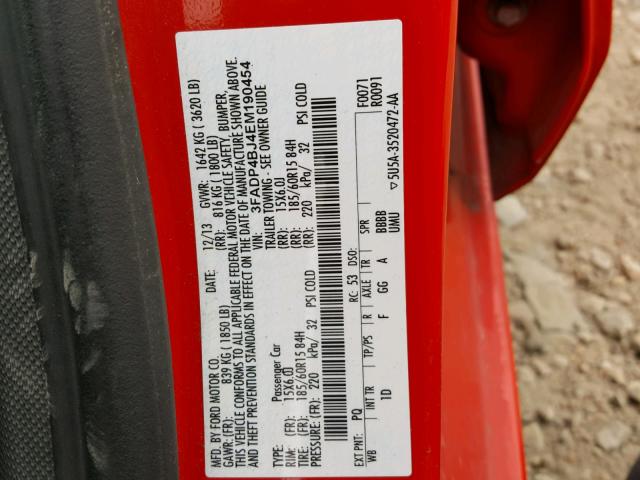 3FADP4BJ4EM190454 - 2014 FORD FIESTA SE RED photo 10