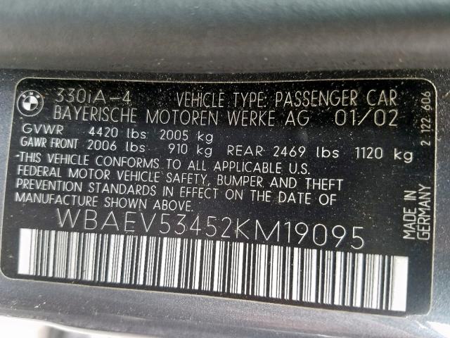 WBAEV53452KM19095 - 2002 BMW 330 I BLUE photo 10