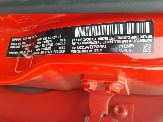 ZACCJAAH3FPC02984 - 2015 JEEP RENEGADE S RED photo 10