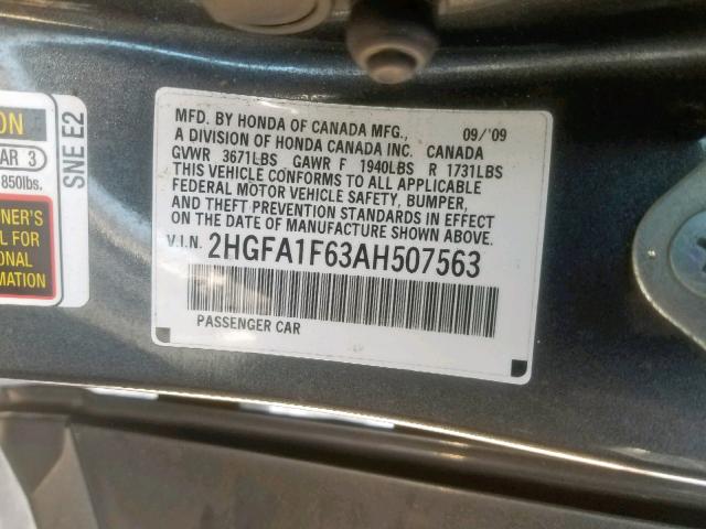 2HGFA1F63AH507563 - 2010 HONDA CIVIC LX-S 灰色 照片 10