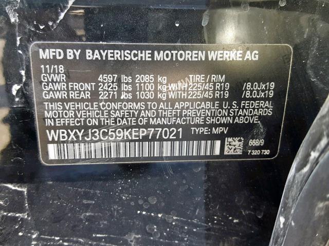 WBXYJ3C59KEP77021 - 2019 BMW X2 SDRIVE2 BLACK photo 10