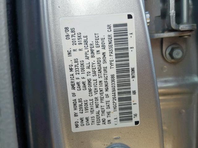 1HGCP26449A033686 - 2009 HONDA ACCORD LXP SILVER photo 10