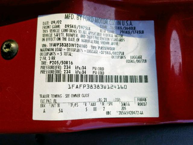 1FAFP38383W124160 - 2003 FORD FOCUS ZTS RED photo 10