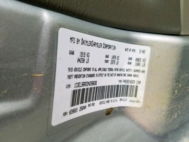 1C3EL56R22N238636 - 2002 CHRYSLER SEBRING LX SILVER photo 10