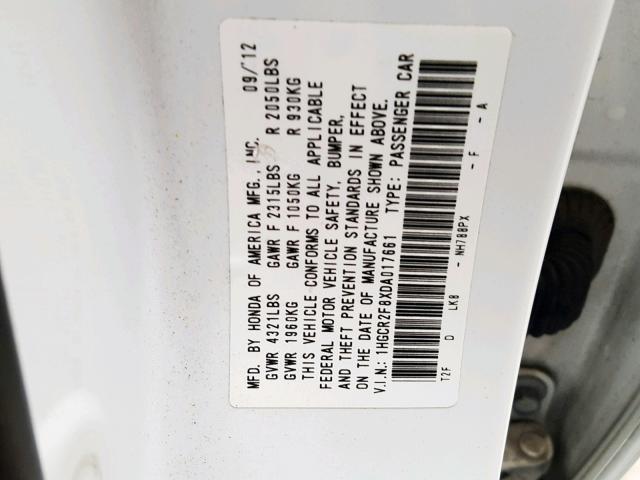 1HGCR2F8XDA017661 - 2013 HONDA ACCORD EXL WHITE photo 10