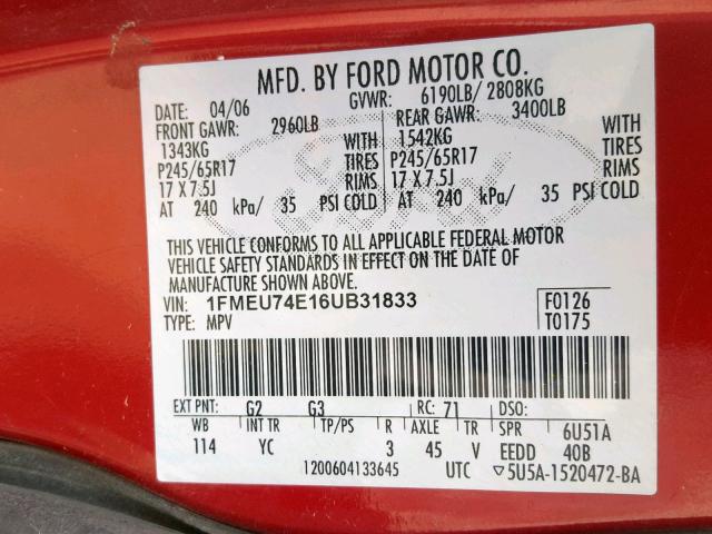 1FMEU74E16UB31833 - 2006 FORD EXPLORER E RED photo 10