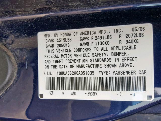 19UUA662X6A051035 - 2006 ACURA 3.2TL BLUE photo 10