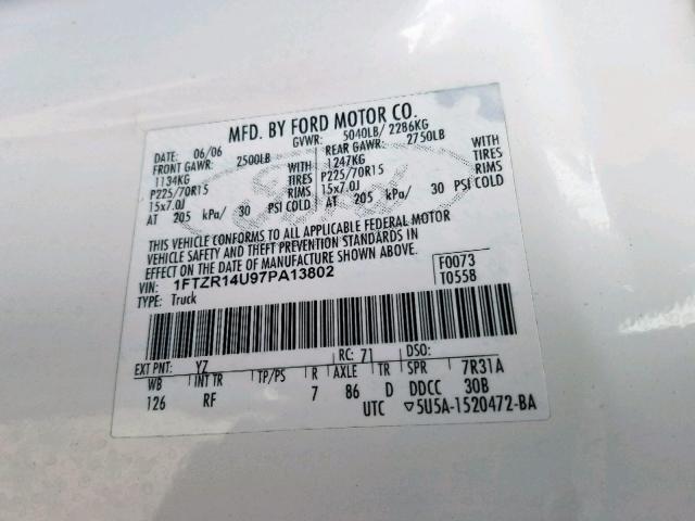 1FTZR14U97PA13802 - 2007 FORD RANGER SUP WHITE photo 10