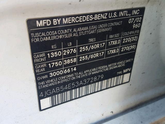 4JGAB54E53A372879 - 2003 MERCEDES-BENZ ML 320 WHITE photo 10