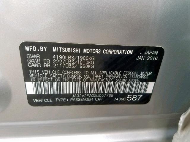 JA32V2FW0GU007789 - 2016 MITSUBISHI LANCER ES SILVER photo 10