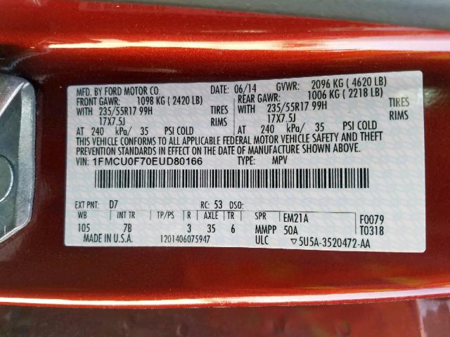 1FMCU0F70EUD80166 - 2014 FORD ESCAPE S ORANGE photo 10