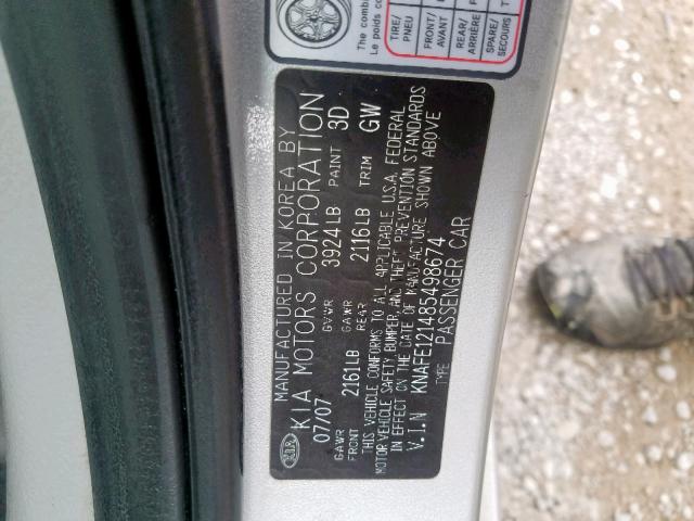 KNAFE121485498674 - 2008 KIA SPECTRA EX SILVER photo 10