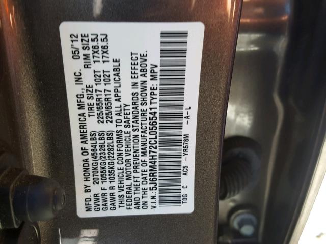 5J6RM4H72CL056541 - 2012 HONDA CR-V EXL GRAY photo 10