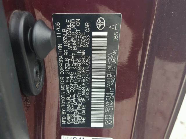 JTKDE177270193282 - 2007 TOYOTA SCION TC 勃艮第红 照片 10