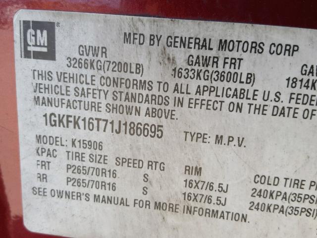 1GKFK16T71J186695 - 2001 GMC YUKON XL K BURGUNDY photo 10